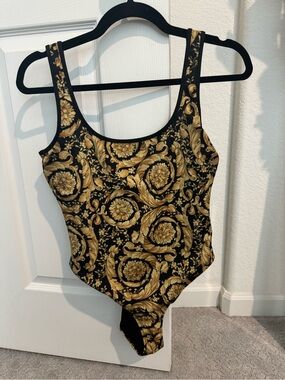 Versace Baroque-Print Black & Gold One-Piece Bodysuit